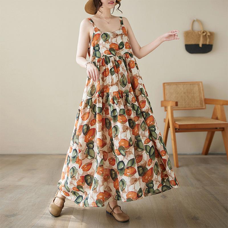 2026 Summer Cotton Linen Patchwork Long Dress with Slimming Loose Fit and Large Hem Skirt
