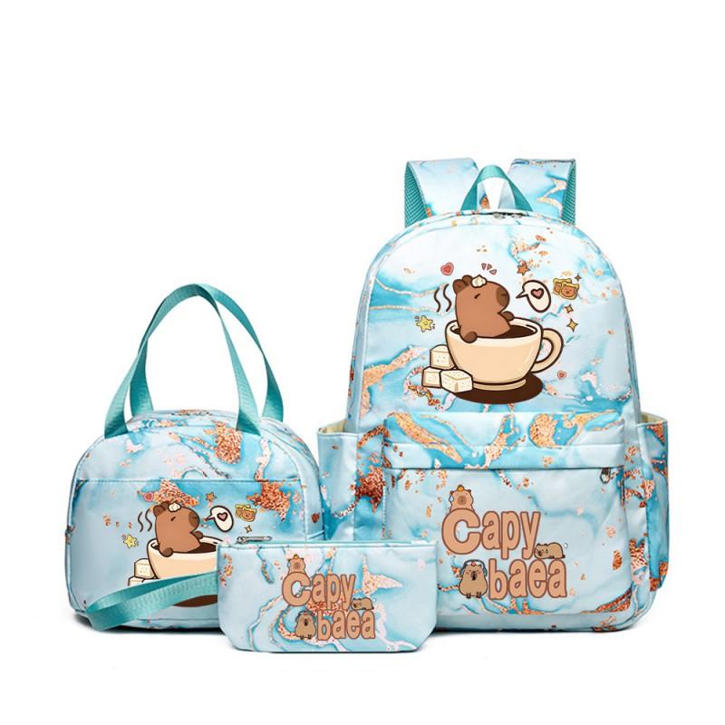 Capybara Cartoon Kids School Backpack Set With Pencil Case Lunch Bag - Large Capacity Breathable Waterproof Oxford Fabric