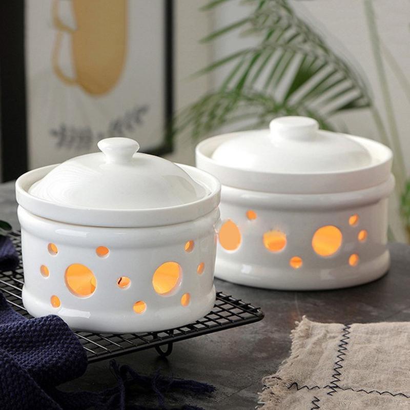 Hollowed-out Design Ceramic Stew Bowl  Heat Preservation Stew Bowl Candle Heater