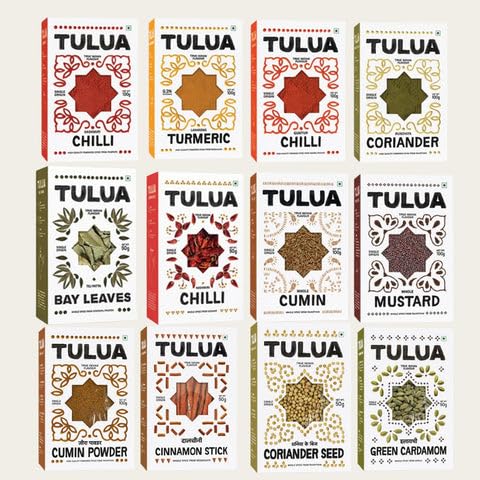 Tulua Premium All-Natural Spices Combo Pack of 12 | Authentic Indian Flavours | Lakadong Turmeric, Kashmiri & Guntur Chilli, Coriander, Cumin, Mu