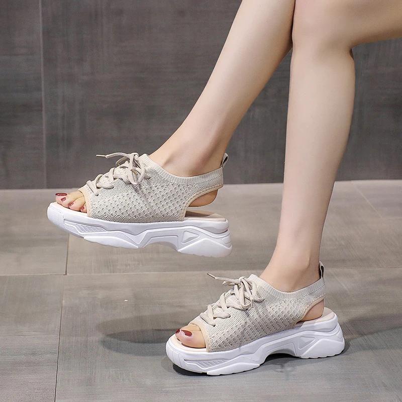 Fashion Shoes for Women 2024 Hot Sale Lace Up Women's Sandals Summer Open Toe Breathable Mesh Solid Platform Casual Comfortable Sandals