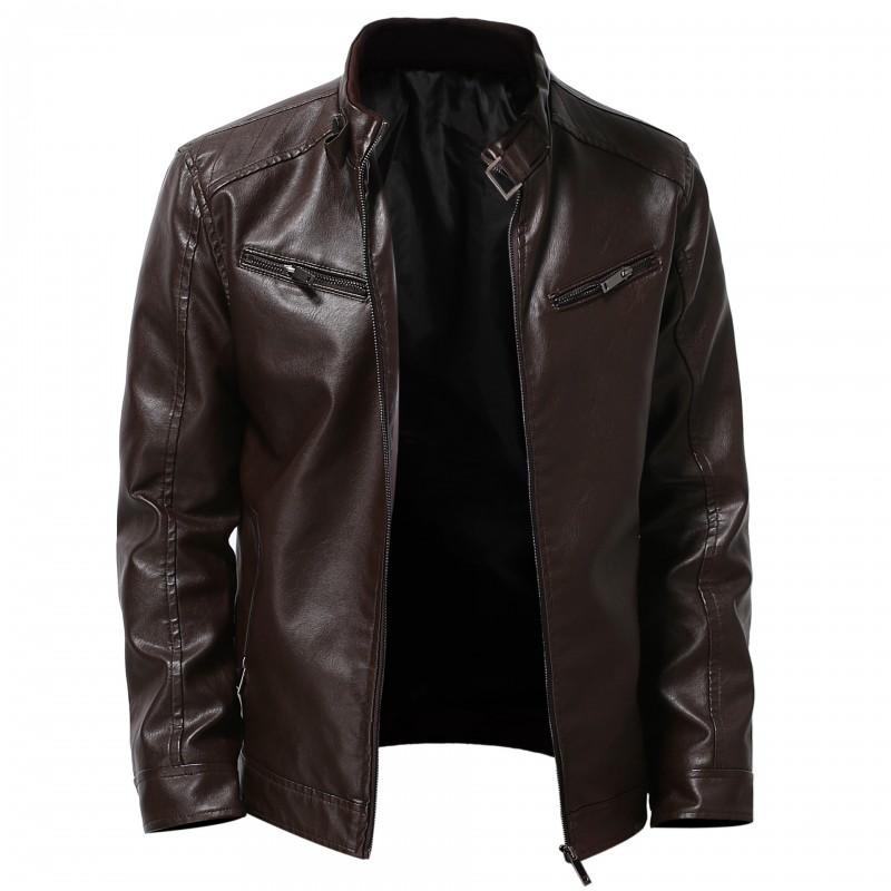 Mens PU Leather Biker Jacket With Zippered Pockets Stand Collar Casual Winter Outerwear