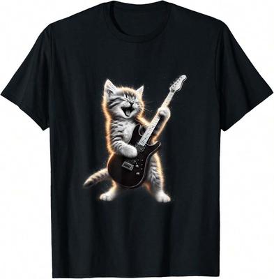 Cat Playing Guitar - Funny Rock Music Guitar Cat T-Shirt For Unisex