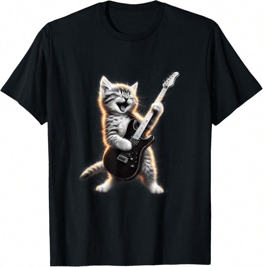 Кот играет на гитаре - Забавная рок-музыкальная кошка-гитарист Футболка для унисекс L