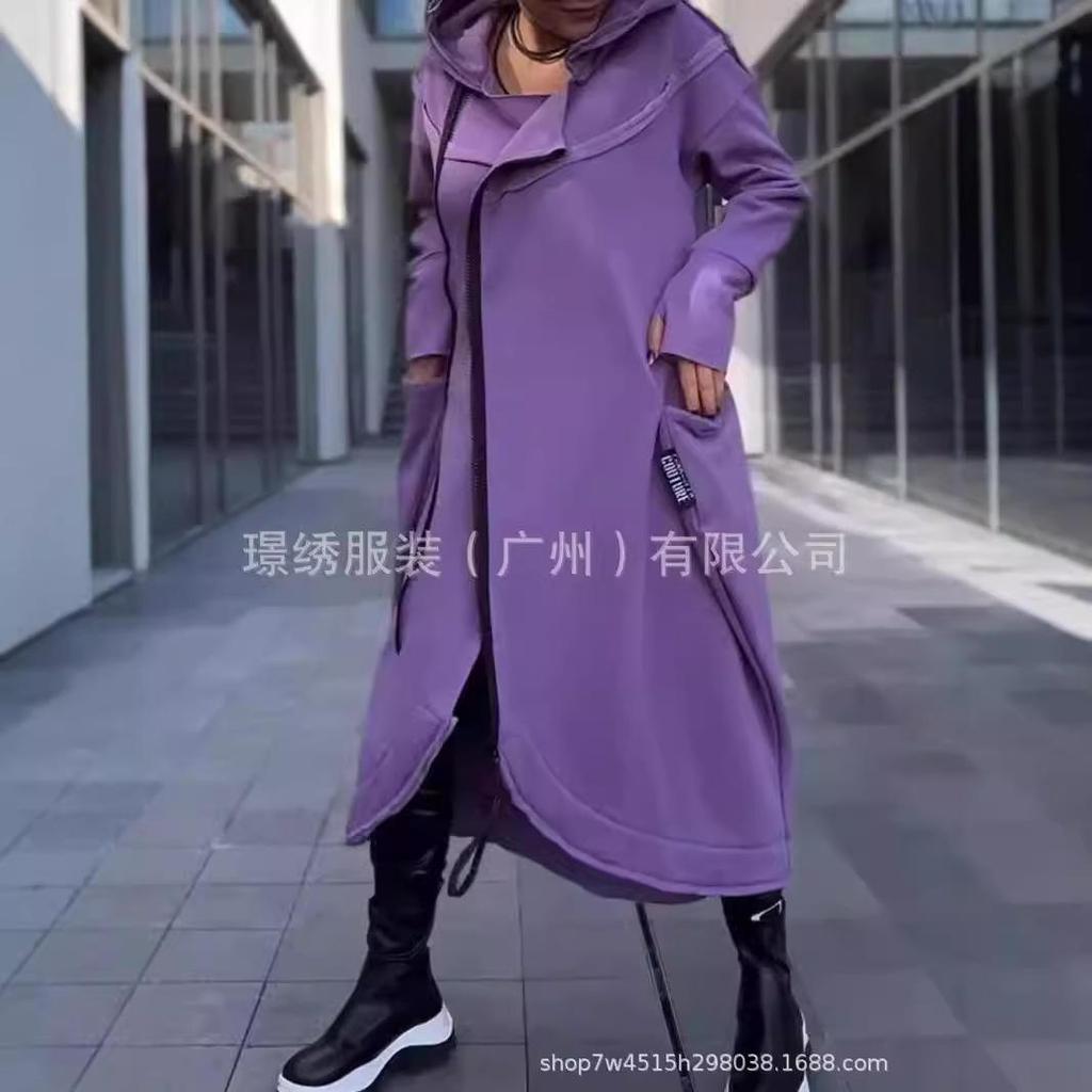 Women's Purple Hooded Long Coat, Zip Front, Side Pockets, Oversized Fit