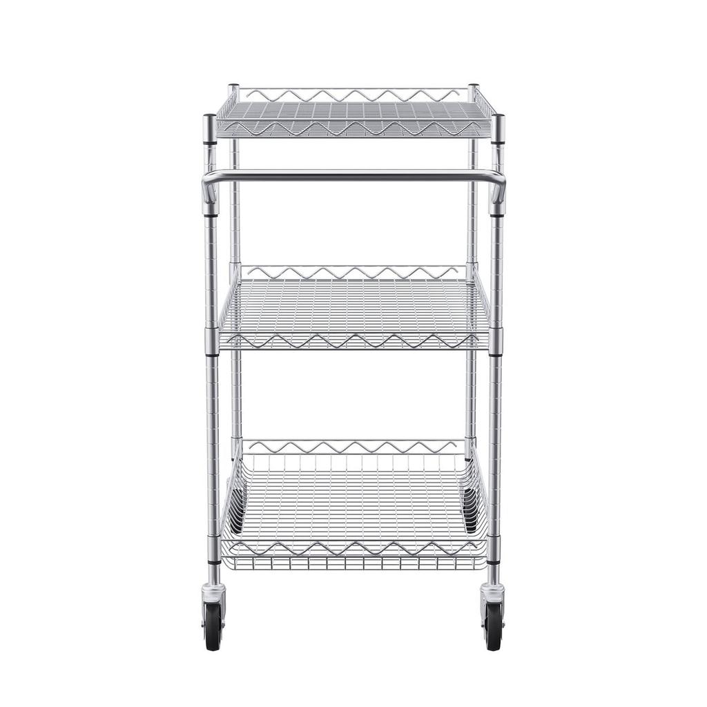 Kitchen Utility Cart, 3 Tiers, Wire Rolling Cart with 661LBS Capacity, Steel Service Cart On Wheels, Metal Storage Trolley with 80mm Deep Basket