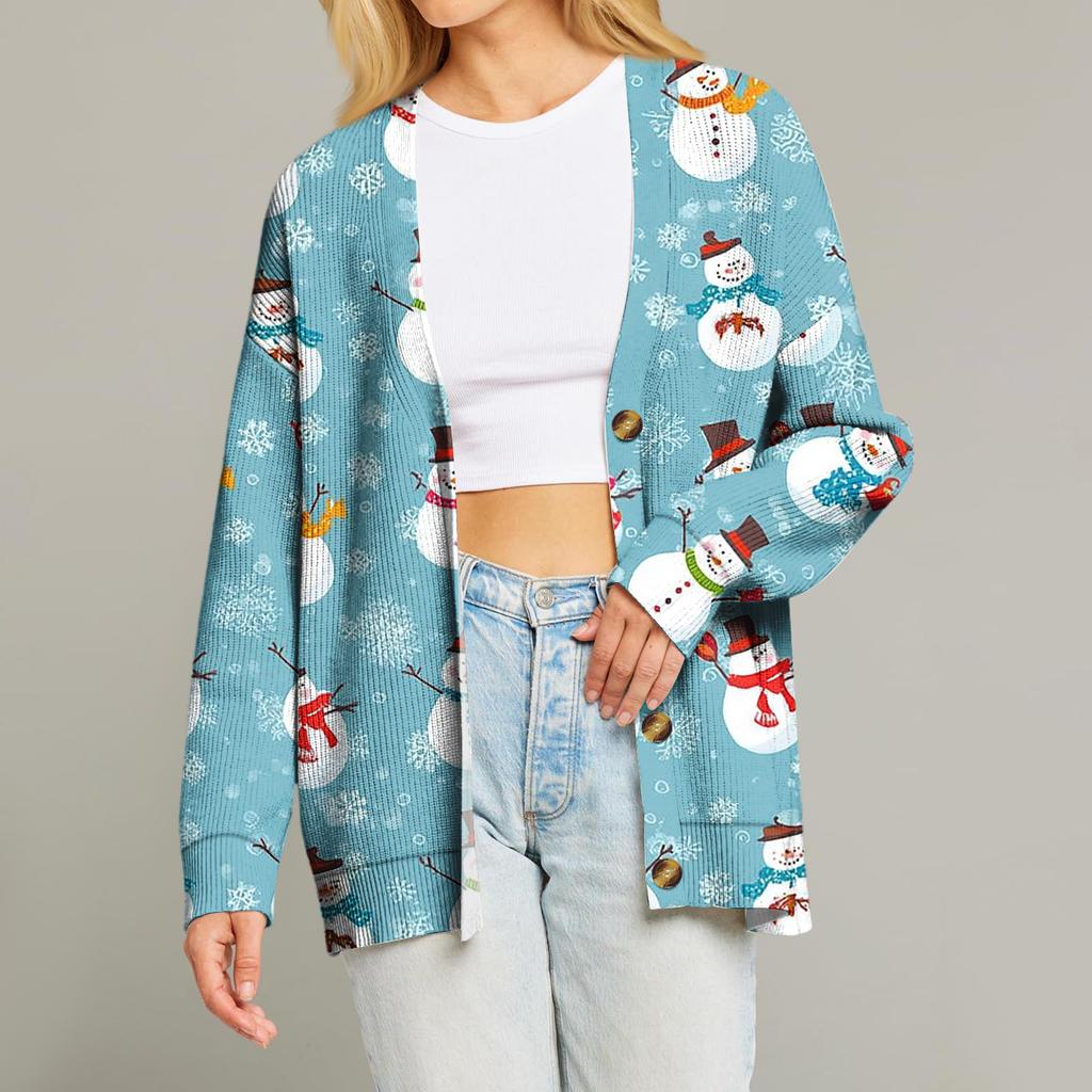 Women's Fashion Loose Knit Long Sleeve Christmas Print V-Neck Button Cardigan