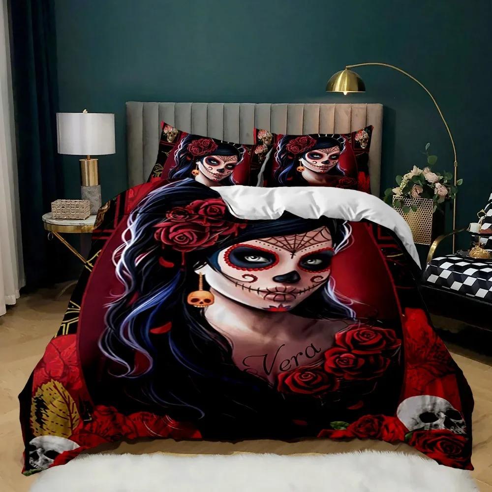 Red Rose Skull Queen Floral Skull Traditional Print Halloween Double Queen King Size Soft Polyester Duvet Cover Set