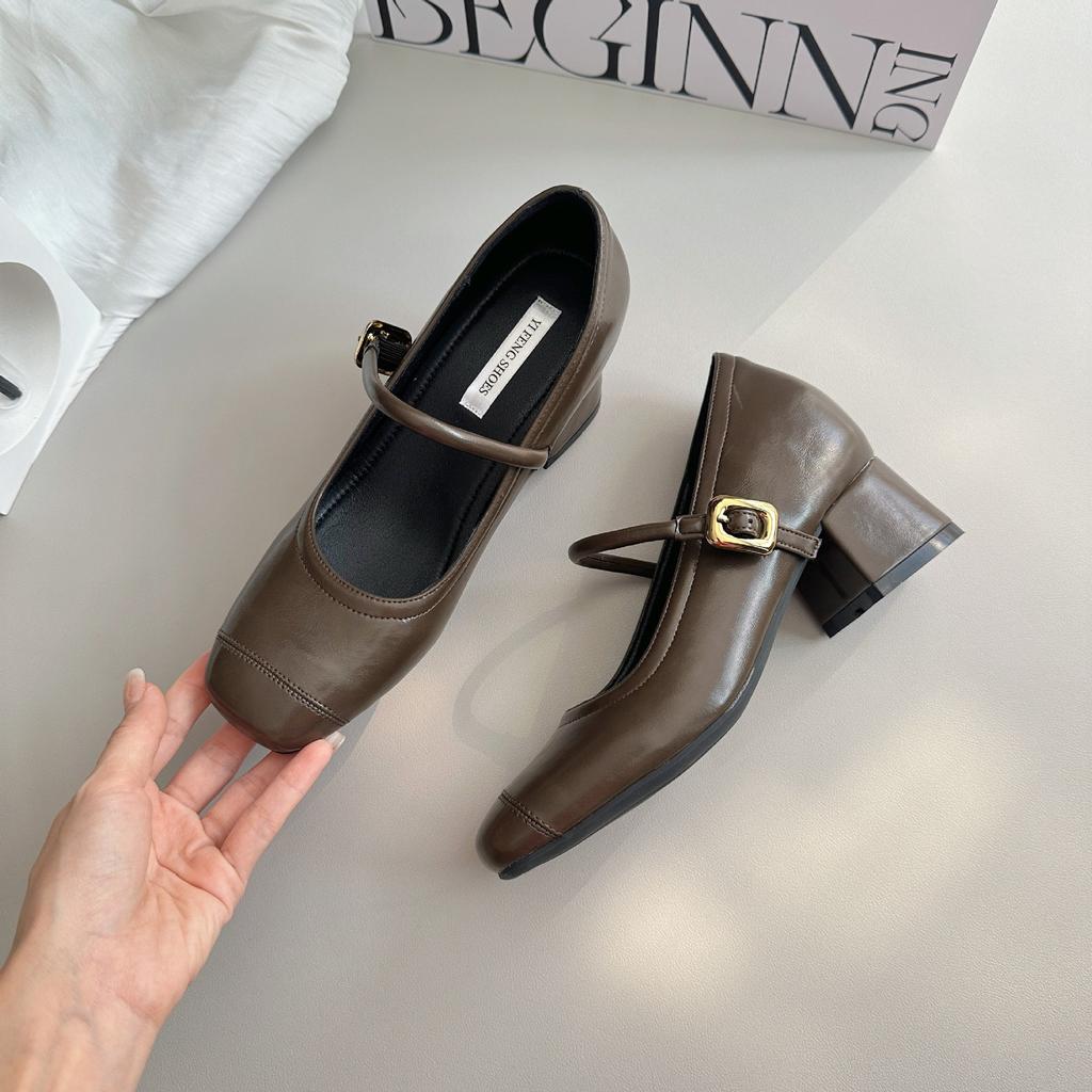 Small soft leather thick heel plus inner increase of 8 cm Mary Jane women's shoes one-word buckle belt square head shallow mouth commuting women's