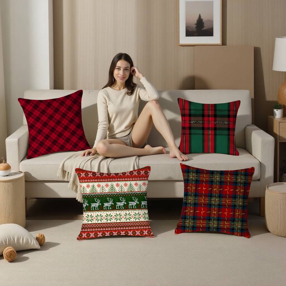 Christmas Plaid Pillow Case Sofa Living Room Bedroom Double-Sided Printing Square Cushion Nap Time Pillow Case