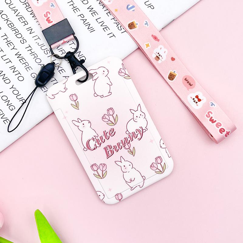 Estuche deslizante de dibujos animados Kawaii, etiqueta de identificación, funda para permiso de trabajo, funda con estampado de oso y conejo, soporte para tarjeta con nombre de permiso de trabajo