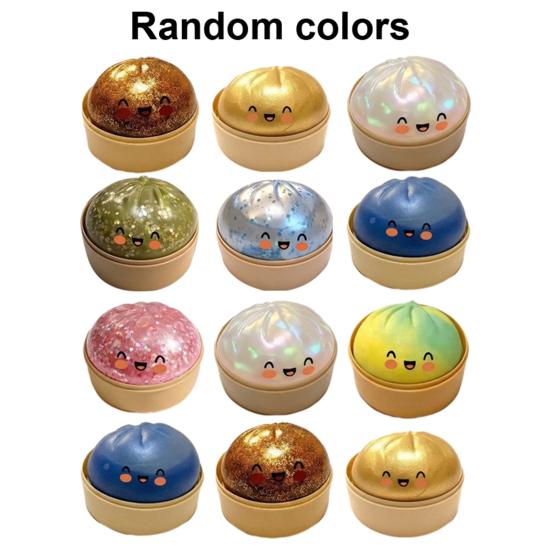 12Pcs Steamed Bun Stress Ball with Steamer Anti-Anxiety Glitter Cartoon Dumpling Squeeze Toy Simulated Dough Ball Fidget Sensory Toy