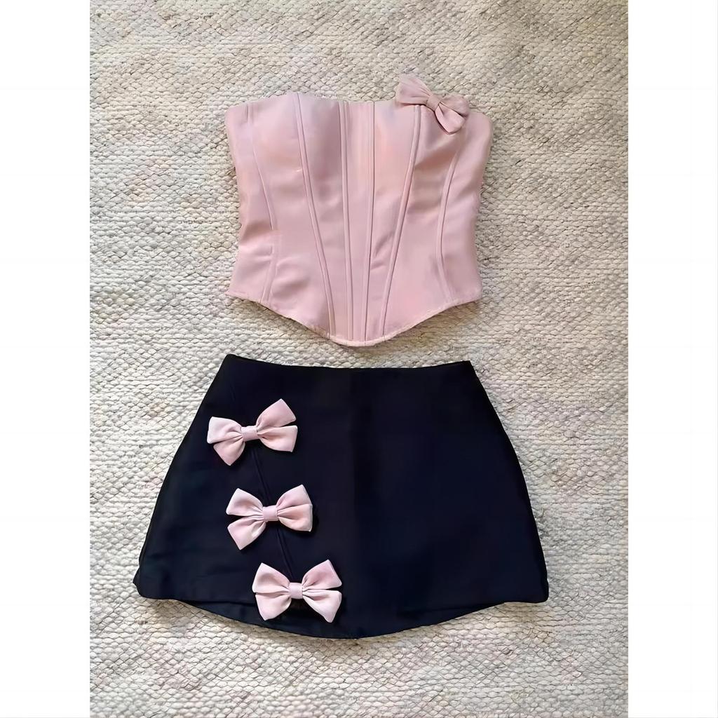 Pink Summer Spicy Girl Bandeau Top & Skirt Set - Chic, Versatile Women's Clothing Trend