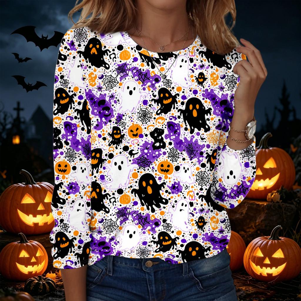 Womens Halloween Pullover Sweatshirt Long Sleeve Crewneck Top Casual Printed Blouse Lightweight Comfortable Fit
