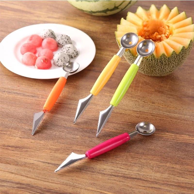 Kjøkken Bærbart verktøy Dobbel funksjon rustfritt stål Frukt Vannmelon Scooper Carving Kniv Frukt Cutter Iskrem Scooper
