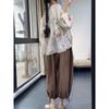 Women's Floral Print Linen Blouse V Neck Puff Long Sleeve Sheer Casual Top