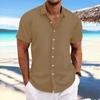 New Men's Linen Striped Jacquard Casual Loose Short-sleeved Shirt
