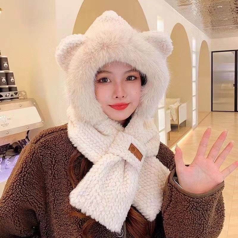 Women's Winter Fox Ears Plush Hat and Scarf Set - Thick, Warm Ear Protection for Cycling