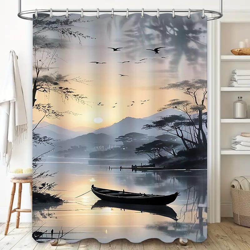 Serene Sunset Landscape Design Waterproof Shower Curtain Heat Resistant Machine Washable Non-Transparent 180x180cm 90X180cm(35x70in)