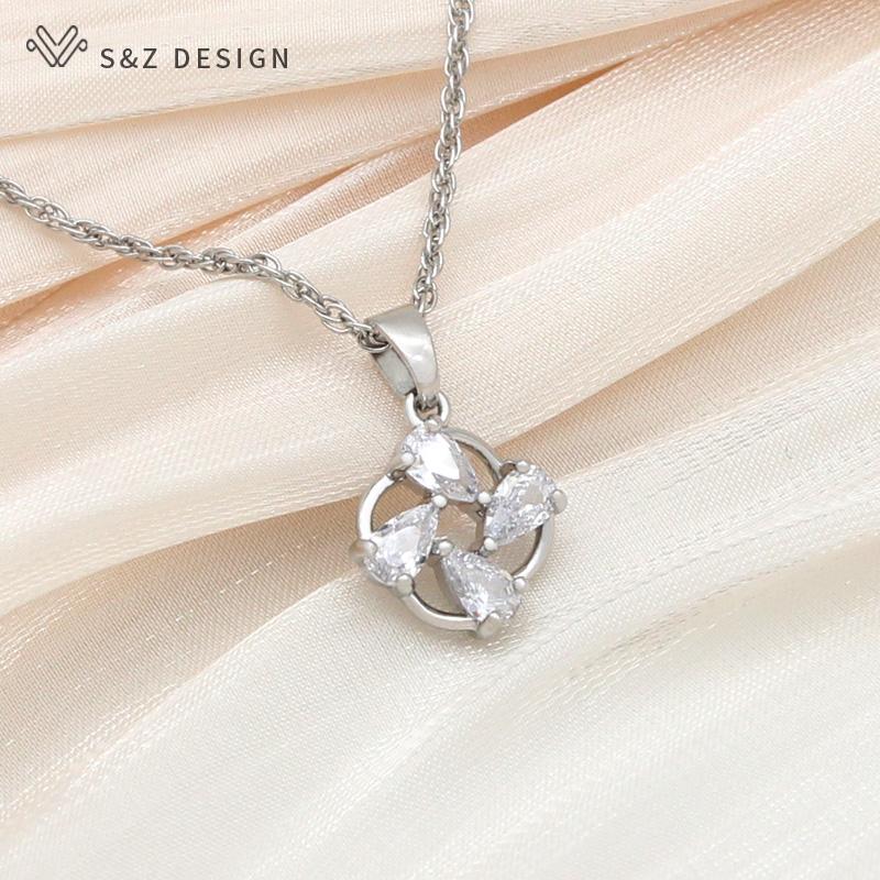 Trendy Elegant Natural Water Drop Zircon Dangle Earrings Rose Gold Color Jewelry Sets For Women Personality Party  Pendant Necklace