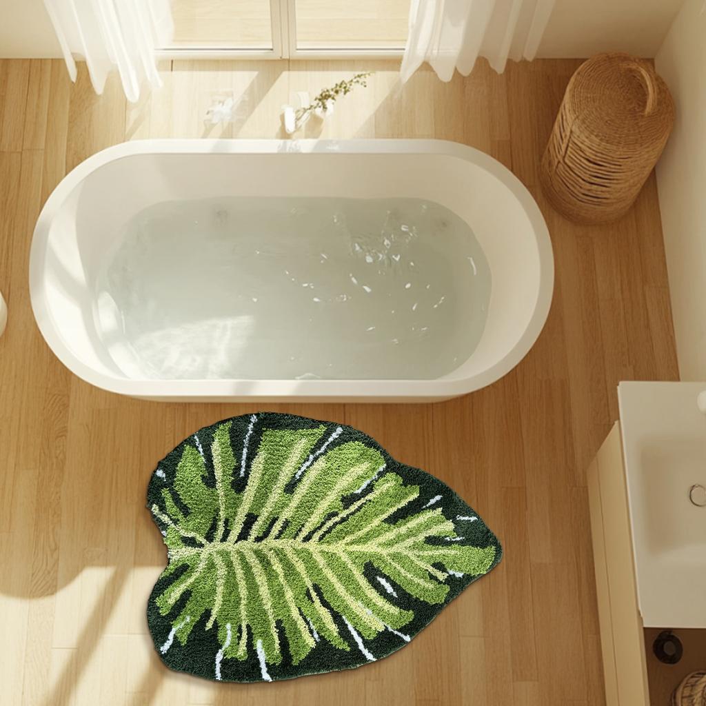 Bathroom Carpet Bath Mat Shower Floor Bath Mat Anti Slip and Water Absorbent Washable Carpet Embossed Leaf Shaped Suitable for Bathroom Laundry Room