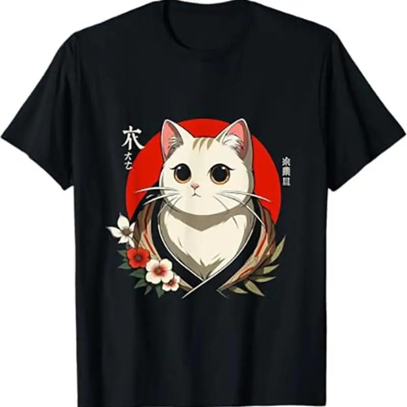 Samurai Cat Graphic Tee Japanese Sun Flowers Print Cotton TShirt for Unisex S