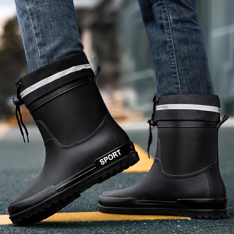 Water shoes rain shoes men's closed elastic bundle waterproof mouth medium tube water boots work rubber shoes velvet cotton warm rain boots