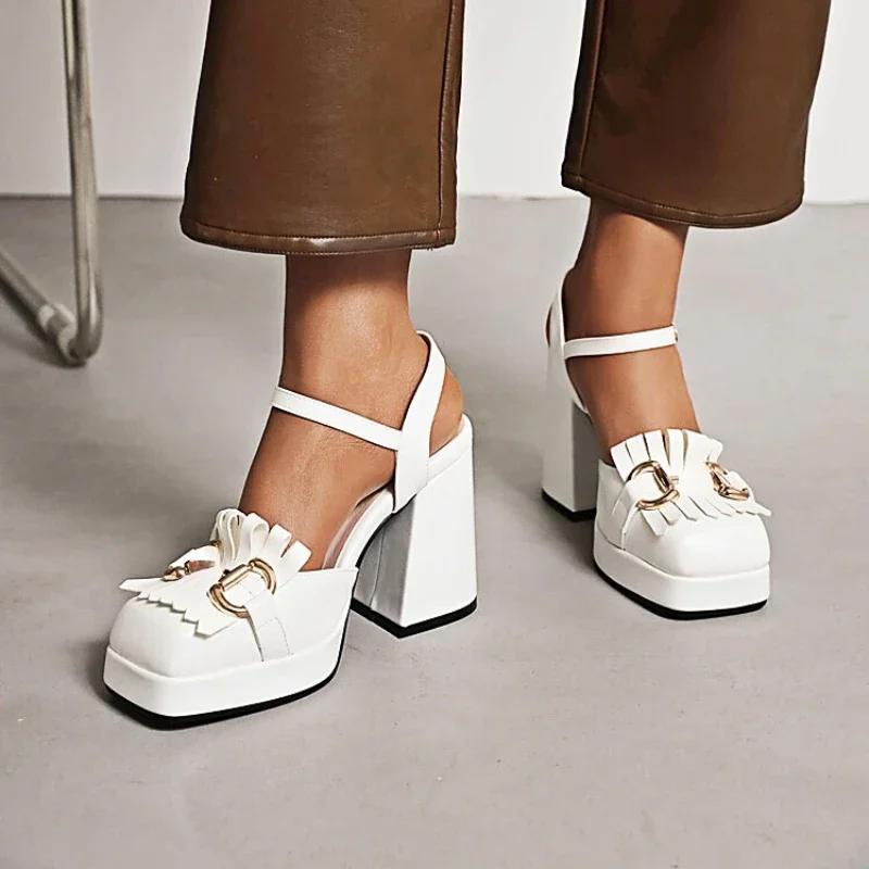 Luxury Designer Leather Women Sandals Metal Buckle Strap Chunky High Heels for Women Summer Ankle Strap Elegant Platform Sandals