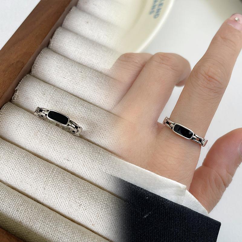 Black Drip Glaze Retro Thai Silver Jewelry Women's Non-fading High-end Open Ring