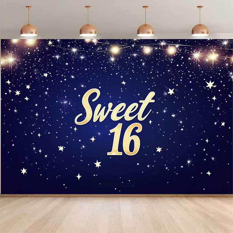 

2D Starry Night Sweet 16 Banner, Navy Blue & Gold Star Party Decoration Background 47.2x31.5inch/120*80cm
