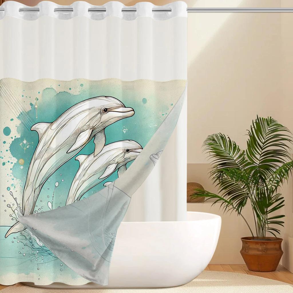 No Hook Dolphin Pattern Shower Curtain With Snap-In Fabric Liner, Sheer Top Window, Waterproof Double Layer Bathtub Curtain