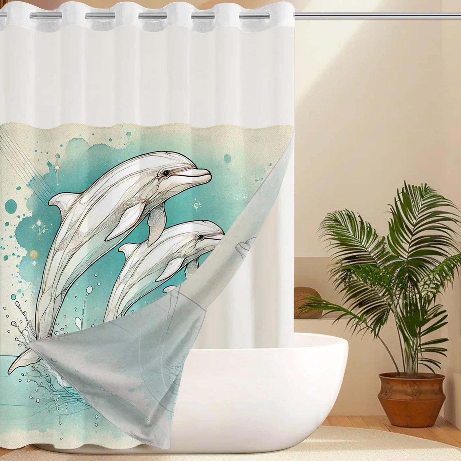 

No Hook Dolphin Pattern Shower Curtain With Snap-In Fabric Liner, Sheer Top Window, Waterproof Double Layer Bathtub Curtain W60H190(CM)-1 Pcs