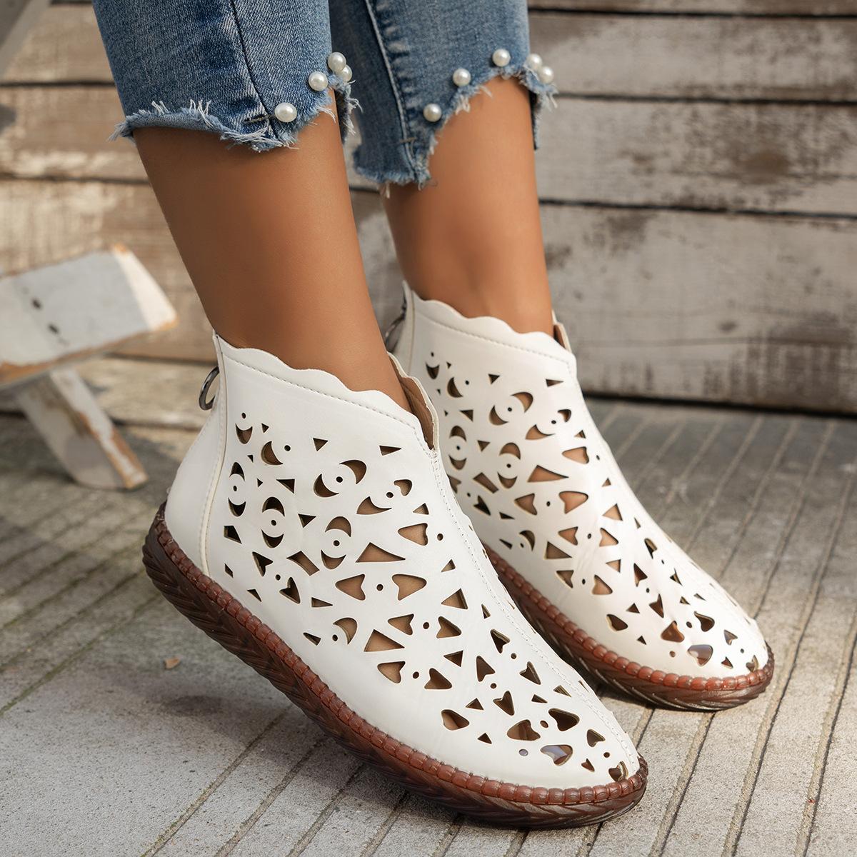 

New Women s Round Toe Hollow Cutout Boots Retro Back Zipper Sandal Boots 35 белый