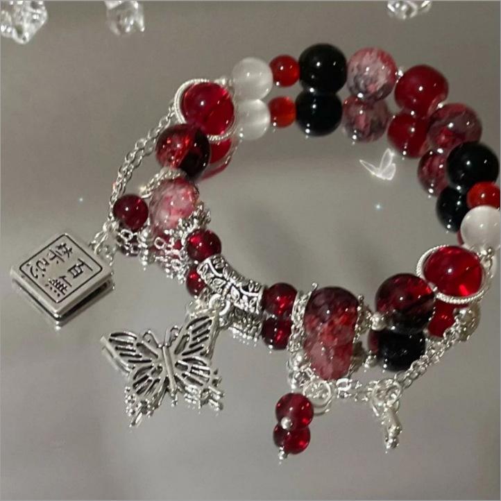 Chinese stijl rode kristal veer kruis hanger armband voor meisjes vrouwen vintage elastische kralen ketting armband sieraden geschenken