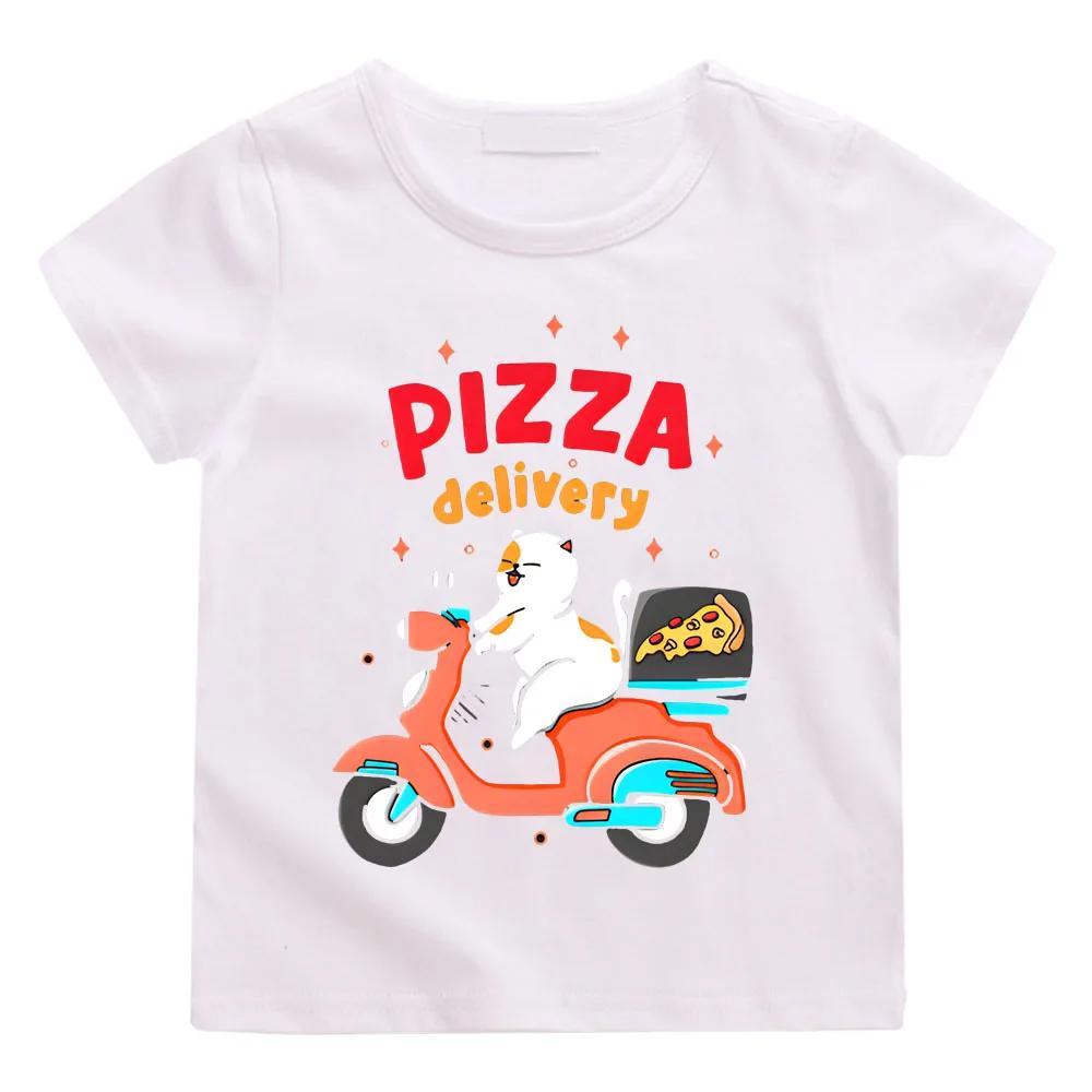 Kids Cotton T-shirt Fun Pizza Delivery Cartoon Print Pattern Baby Clothes Boy Girl Children Tee-shirt Funny Short Sleeve Tees Tops