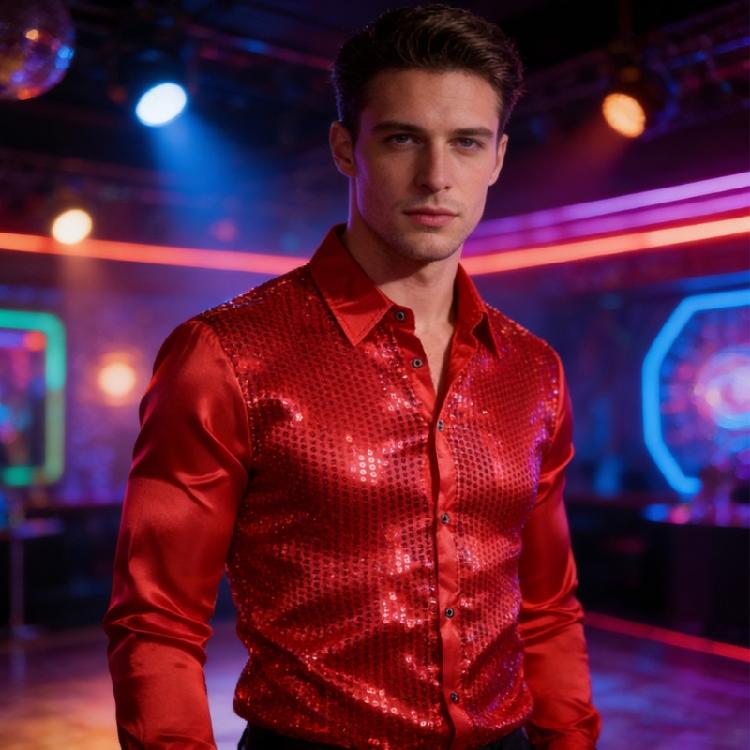 Men's Shines Sequins Long Sleeve Button Down Shirt for Halloween Cosplay 70s Disco Party Dress Shirt