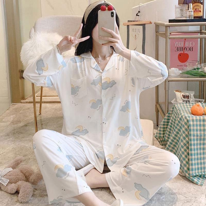 Pajamas women's spring and autumn imitation cotton high value fresh and sweet love women's long-sleeved trousers set loose loungewear