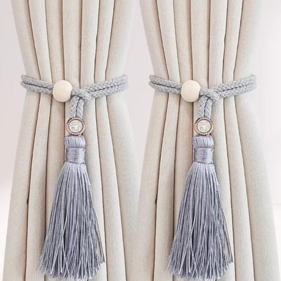Bohemian Curtain Tiebacks Handwoven Rope with Tassels & Wood Beads Decorative Window Holdbacks for Living Room Bedroom Home Decor