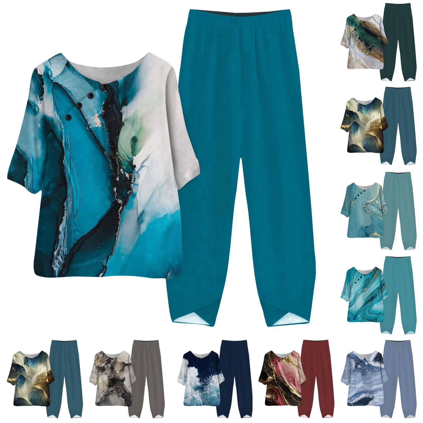 

Женские летние топы с короткими рукавами и принтом, эластичная талия, брюки из девяти предметов, комплект из двух предметов