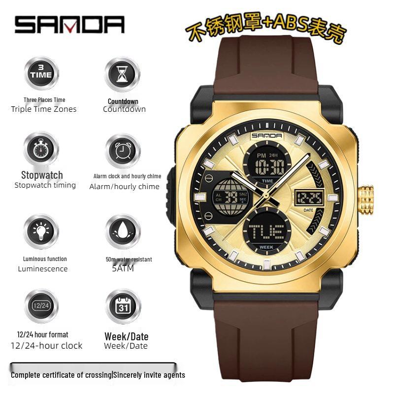 Sanda Men s Dual Display Sport Watch – Multifunctional, Luminous, Waterproof Timer for Outdoor Activities.