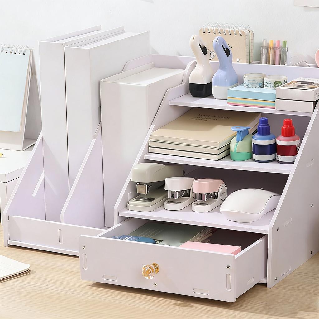 Desktop File PVC Space Saving Desk Shelf with Drawer for School Supplies