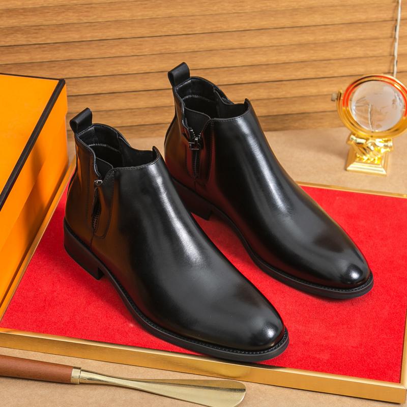 Fashion Fashion Brand Men's Autumn Comfortable Pointed Chelsea Leather Boots Retro Style Men's Side Zipper Breathable Casual Short Boots