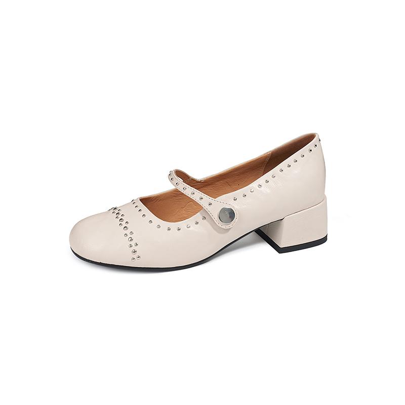 Fashion New Summer Genuine Leather Women Pumps Shoes for Women Fashion Rivet Round Toe Mary Jane Shoes Women Mid Heel Ladies Shoes