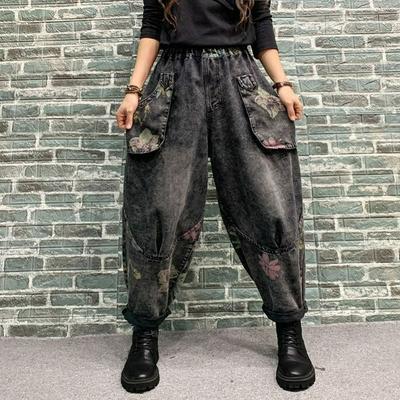 Vårmode Tryckta Jeans Retro Tvättade Gamla Haremsbyxor Lös Plus Size Byxor Kvinnor