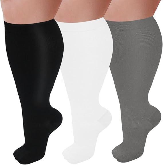 Three-Pair Pack Plus Size Knee-High Compression Socks for Wide Calf - Extra Large Support & Circulation Pressure Socks