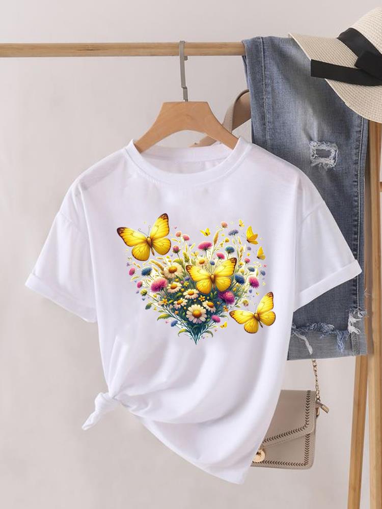 (Asian Size) Lady Clothing o-neck T Shirt sweet butterfly style Printed Female Top Casual Fashion Women Graphic Tee Short Sleeve T-shirts