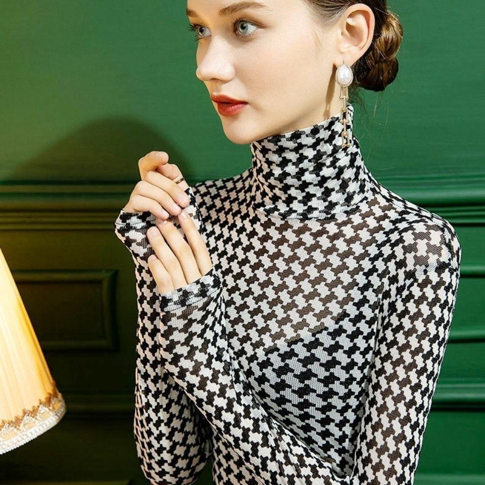 Spring Autumn New High Collar Shiny Silk Bottoming Shirt Women's Mesh Slim Fit Plaid Tshirt Long Sleeve Top