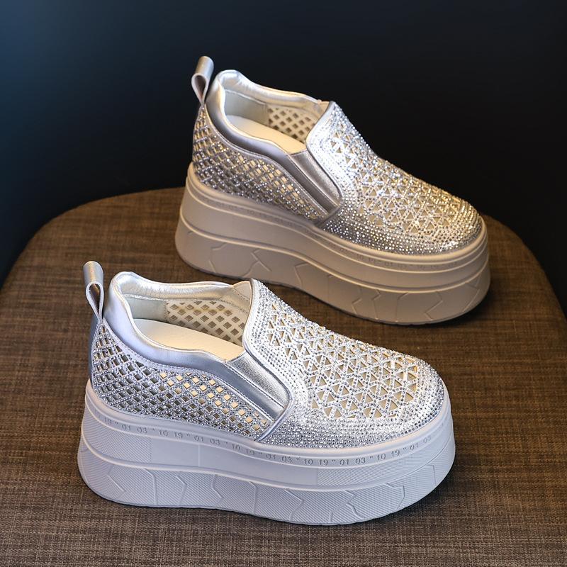 

HC5861-1 Маленькие универсальные лоферы на толстой подошве с внутренней платформой, увеличивающей рост, женские весенние новые повседневные кеды с горным хрусталем 39 серебряный