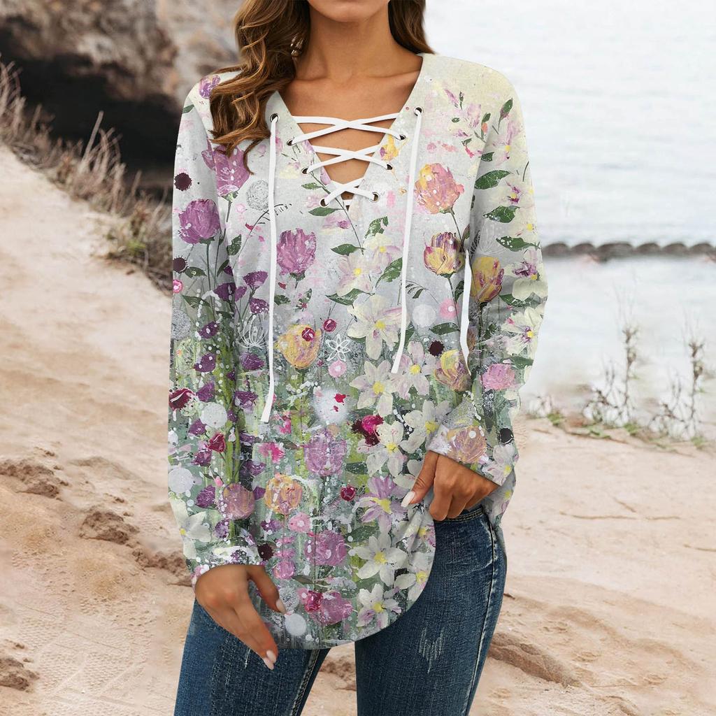 Women's Blouse Fashion Loose Casual Long Sleeved Printed V-Neck T-shirt Top