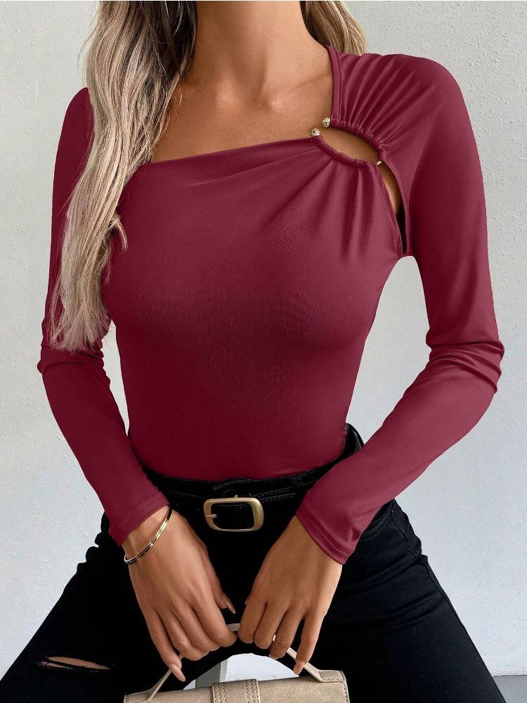 Spring Elegant Women's Solid Color Casual Square Neck Fashion Slim Long Sleeve T-Shirt Top Women Versatile Closet Essential Fashion Items Shirt